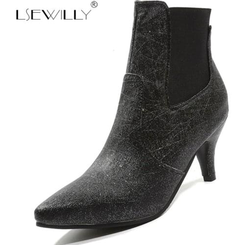 Lsewilly Women Boots Autumn Winter High Heel Pointed Toe Ankle Chelsea Shoe 2018 Sex New Fashion Casual Black Gold Silver S991