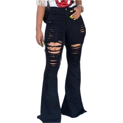 2021 New Women High-Waisted Retro Stretch Hip-Lifting Ripped Hole Personality Fashion Wide-leg Flared Pants Jeans Pooping Pants