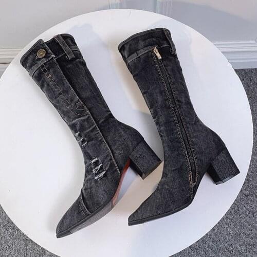 Sexy Jean Boots Womens Mid Calf Boot Zipper High Heel Woman Stylish Jeans Boots Ladies Denim Boot Female Shoes Cowboy 2021 New