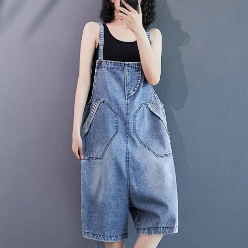 #2341 Blue Denim Rompers Playsuits Women Loose Casual Summer Overalls Femme Wide Leg Playsuts Ladies Big Pockets Korean Style