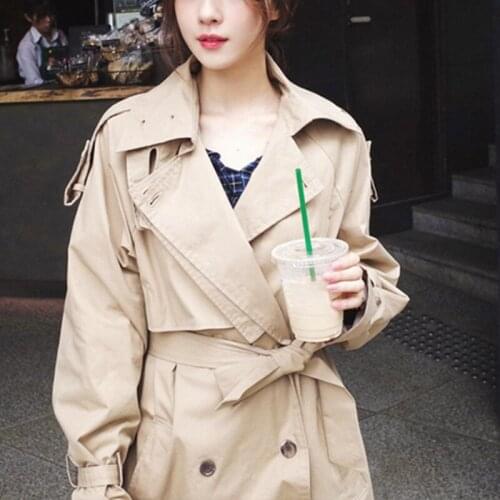 Korean Style Double Breasted Khaki Windbreaker Coat , Woman Casual Mid Long Below Knee Side Split Female Trenches
