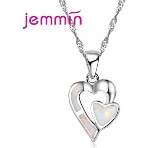 Creative Double Heart Design Couple Necklace White Opal 925 Sterling Silver Pendant Necklave for Fashion Women