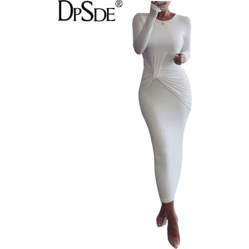 DPSDE White Vocation Bandage Long Women Dress Autumn Full Sleeve Elegant Dress Collect Waist New 2020 Casual Bodycon Dress