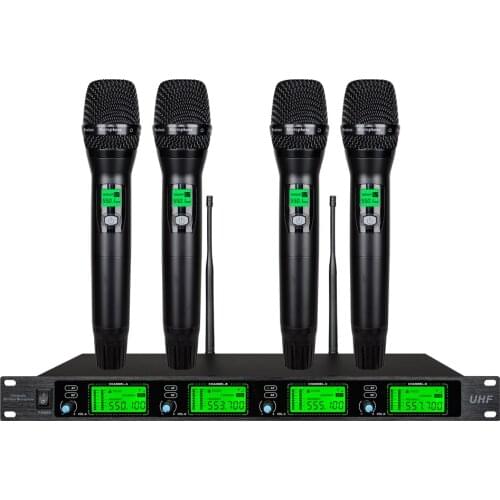 VMEQO GD400 Metal Material 4-Channel UHF Wireless Microphone System with 4 Hand-held for Stage Church Family Party Small Karaoke