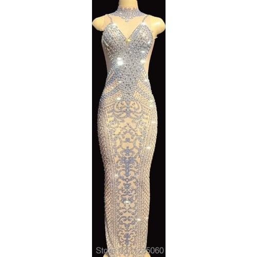 Sparkly Rhinestones Mesh Long Dress Womens Birthday Celebrate See Through Net Dress Stage Costume Dance Outfit YOUDU