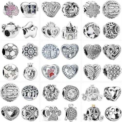 2021 Silver Color Dog Paw Hollow Cross Print Bone Heart Fashion Beads Fit Original Pandora Charm Bracelet Women Jewelry Gift