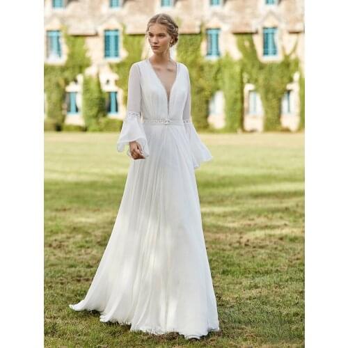 Long Bell Sleeves Chiffon Lace Boho Deep V Neck Wedding Dress Beach Elegant A Line Plus Size Bridal Gown Long Train Custom Made