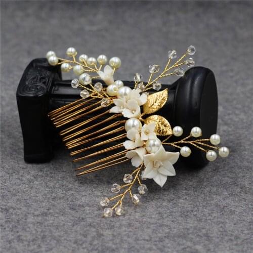 Delicate Clay Flower Hair Comb Bridal Accessories Pearls Wedding Hair Jewelry Piece Handmade Gold Leaf Women Headpiece