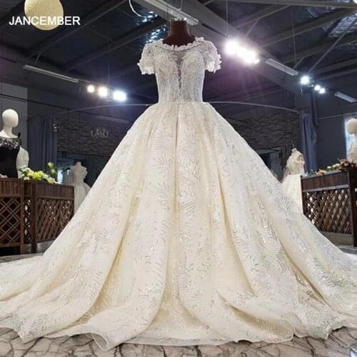 HTL1613 Luxurious Neckline Flowers Made Of Sequins Crystal White Wedding Dress 2020 Backless O-Neck Ball-Gowns vestido novia