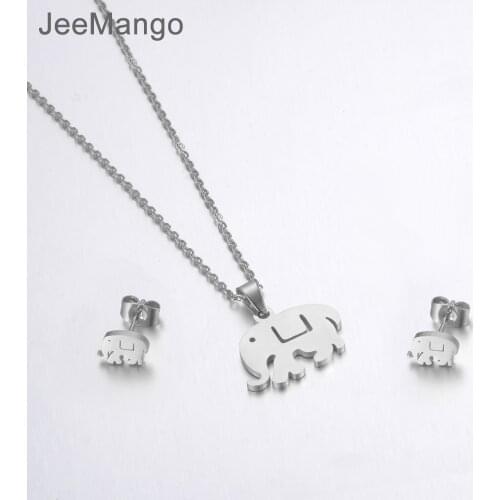 JeeMango Trendy Anniversary Stainless Steel Sets For Women Steel Color Elephant Necklace Earrings For Women Lovers Jewelry