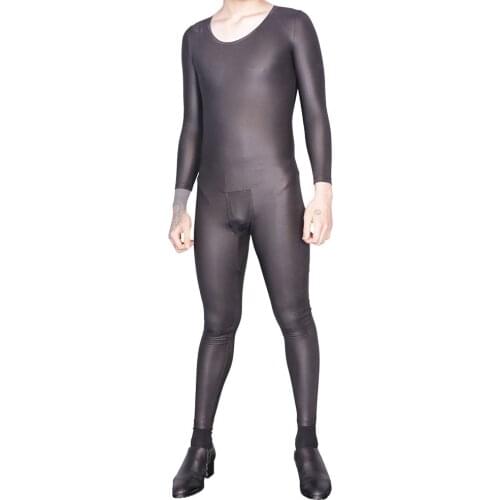 Men Elastic PU Sexy Jumpsuit Shiny Fetish U Convex Pouch Zipper Crotch Combinaison Homme Shaper Onesie O Neck Bodysuit Men Onsie