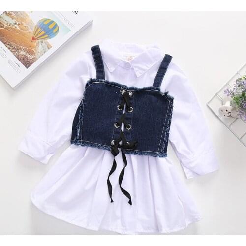 Girl Set Toddler Kids Baby Girls Clothes autumn Summer Lapel long-sleeved shirt dress + denim strap vest 2pcs Outfits Set 1-7T