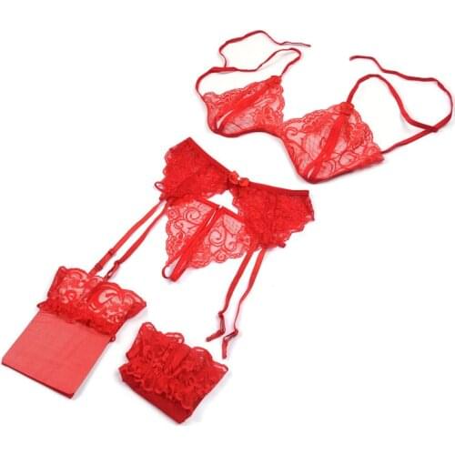 4 Pieces Lenceria Sexy Lingerie Set Lace Babydoll Open Bra And Panty Garters Fishnet Stockings Bra Set Women Underwear Brief Set