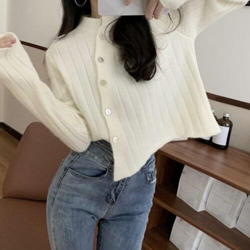 Lucyever 2021 Fashion Irregular Womens Sweater Casual Solid Long Sleeve Knitted Pullover Female Korean Chic Button Sweaters Top