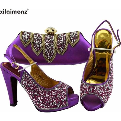 Fashion Rhinestone Woman Shoes And Matching Bag Set African Style Pumps Shoes And Bag Set For Party Wedding in Purple 2019
