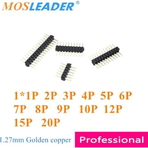 Mosleader 200pcs 1.27mm 1*1P 2P 3P 4P 5P 6P 7P 8P 9P 10P 12P 15P 20P Male Pin header Single Row Copper Golden Straight Pins
