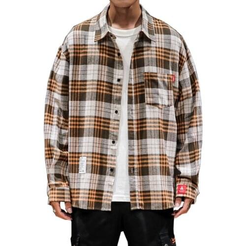 2021 Autumn New Japanese Plaid Lapel Long Sleeve Loose Fashion Harajuku Mens Shirt