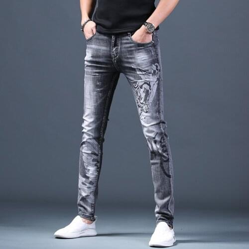 Men’s High Quality Stretch Print Jeans,Luxury Style&Trends Designed Korea Version Slim Denim Pants,Washed&Scratched,Youth Must