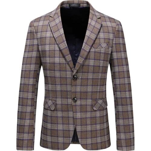 Mens Blazer Khaki Plaid Business Casual Single Breasted Suit Blazer Spring and Autumn Fashion Slim Mens Suit Jacket