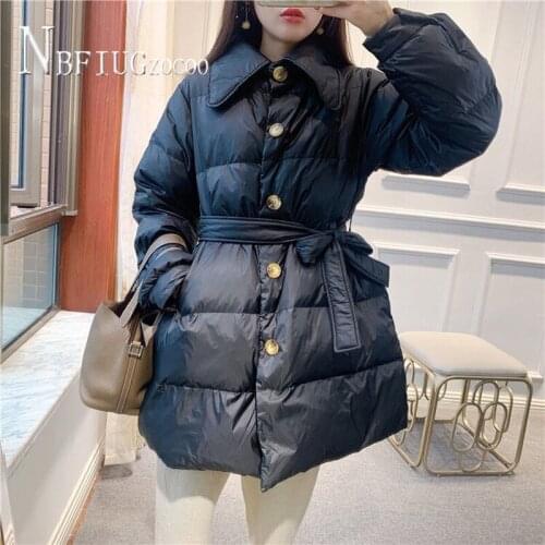 2020 New Winter Korean Slim Lapel Women Parkas Thick Warm Waist Strap Female Jacket