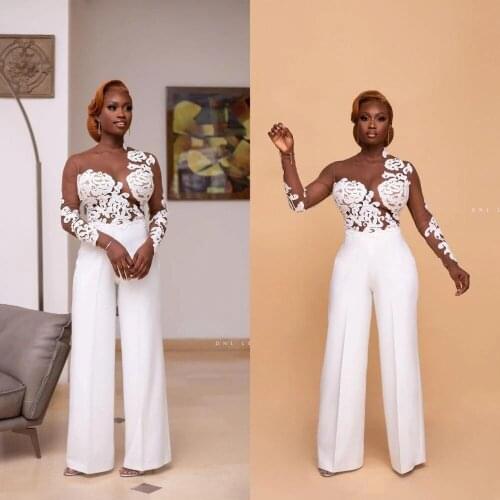Sexy See Throu Lace Wedding Jumpsuit Ankle Length Jewel Neck Appliqued Plus Size Pants Suit Long Sleeves Beach Wedding Dress