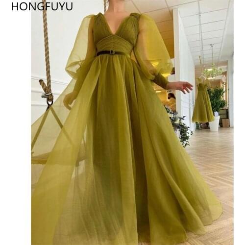 HONGFUYU Soft Organza A-line вечерние платья Prom Dresses Puff Long Sleeves Deep V-neck Evening Formal Gowns with Velvet Belt