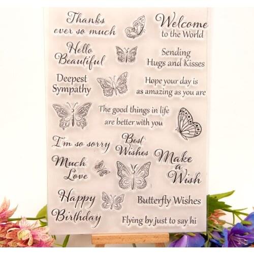 WYSE Butterfly Clear Stamps Birthday Word Craft Stamps Alphabet Transparent Silicone Stamp Seal for DIY Wedding Paper Card