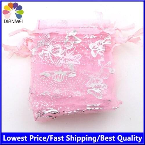 Pink Butterfly Brozning Organza Jewelry Pure Color Organza Bags Tea Bag Packaging Cheap Gift Bags 7x9cm 100pcs/lot Wholesale
