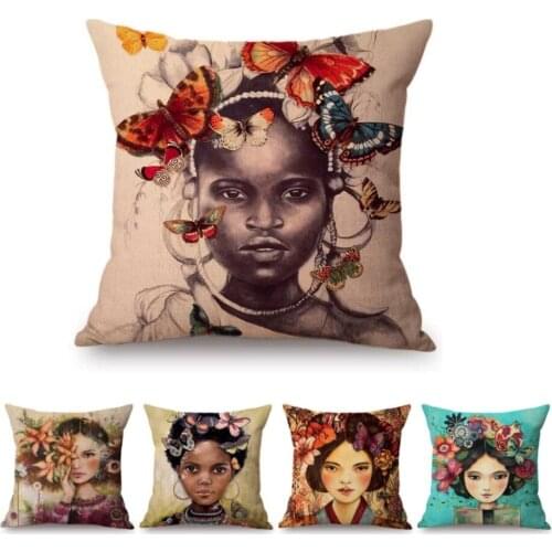 Hand drawing Flower Head Butterfly Black Girl Home Decor Art Fashion Throw Pillow Car Pillow Cotton Linen Cute Cushion Cover