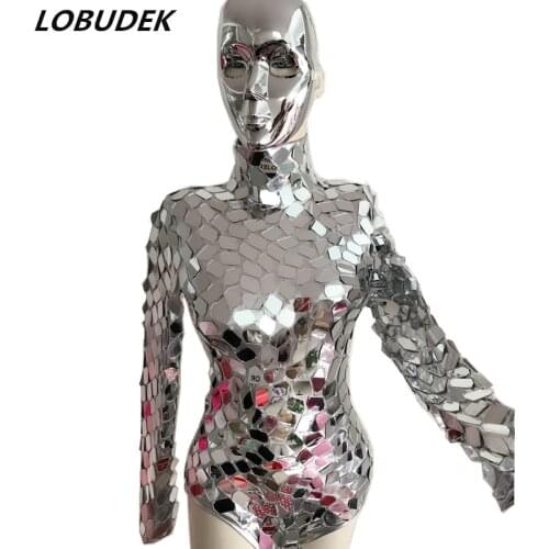 Reflective Mirror Bodysuit Silver Sequins Jumpsuit Nightclub Female DJ Singer Stage Outfit Jazz Dance Costume Machine Dance Wear