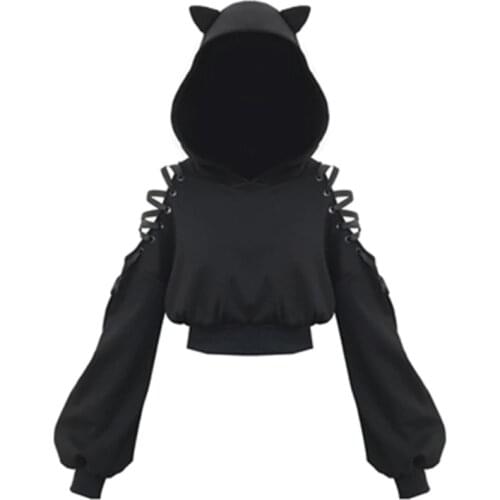Gothic Women Sweatshirt Womens Long Sleeve Fleece Sweatshirt Warm Cat Ears Short Style Hoodie Pullover Womens Sweatshirts 2019