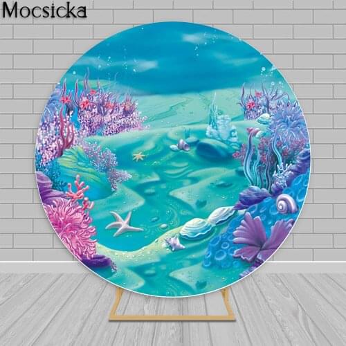 Mermaid Theme Round Backdrops for Blue Underwater Birthday Photography Background Baby Shower Party Photo Studio Photoshoot
