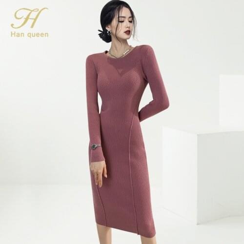 H Han Queen Autumn Long Sleeve Women Vintage Knitted Dresses Office Bodycon Pencil Sheath Dress Elegant Simple Bottoming Vestido