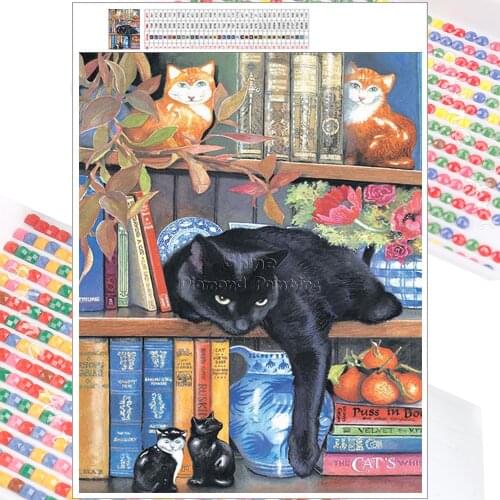 5D DIY Diamond Painting Kit Animal Cartoon Cat on Bookshelf Mosaic Embroidery Full Square Round Christmas Gift Home Decoration