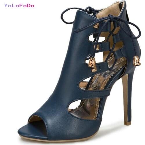 Big Size PU Leather Women High Heel Shoes Fashion Open Toe Thin High Heel Women Sandals Zipper Party Ladies Lace UP Shoes Black