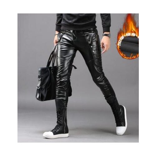 Korean autumn winter personality motorcycle faux leather pants mens feet pants plus velvet pu trousers for men pantalon homme