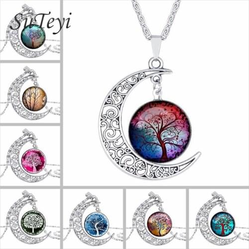 SUTEYI Tree Of Life Moon Pendant Silver Color Long Necklace for Women Vintage glass Multilayer Pendant Necklace Female Jewelry