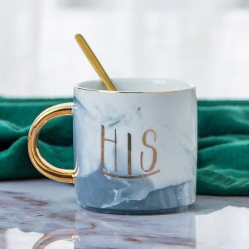 European Style Marbled Ceramic Mug with Spoon Simple Household Cute Couple Water Cup Oatmeal Breakfast Milk Coffee Cup