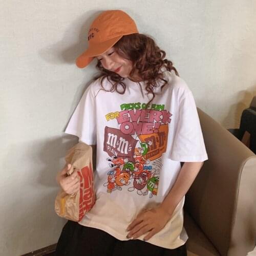 Womens T-shirts Tops Japanese Kawaii Ulzzang Ins Retro Loose Cartoon Print T-shirt Female Korean Harajuku Clothes For Women