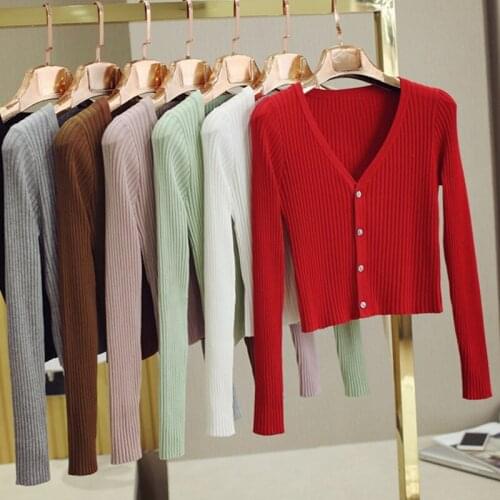 Womens Autumn Single-breated Slim Short Sweater Solid Rib Knitted Cardigan V Neck Stretch OL Knitwear Spring Knit Top Outerwear