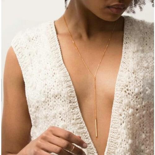 Hot Simple Stick Pendant & Necklace for Women Long Link Chain Rose Gold Color Necklaces Long Strip Jewelry for Girl N601