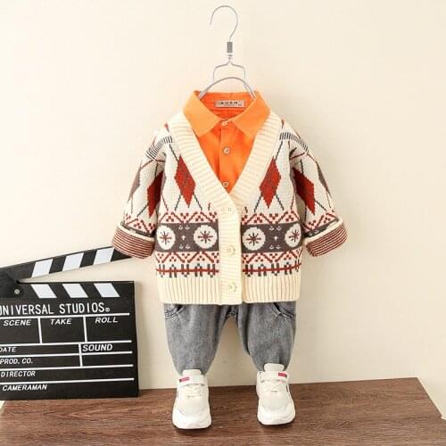 National Wind Autumn New Boy Sweater Cardigan Fashion Loose Thickened Middle and Small Childrens Sweater Coat Knitted Jacket