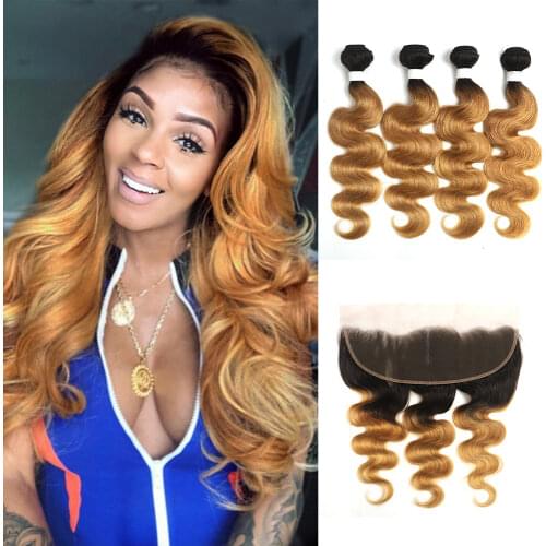 Ombre Blonde T1B/27 4 Bundles With Frontal 13x4 SOKU Brazilian Body Wave Hair Weave Bundles With Frontal Non-Remy Human Hair