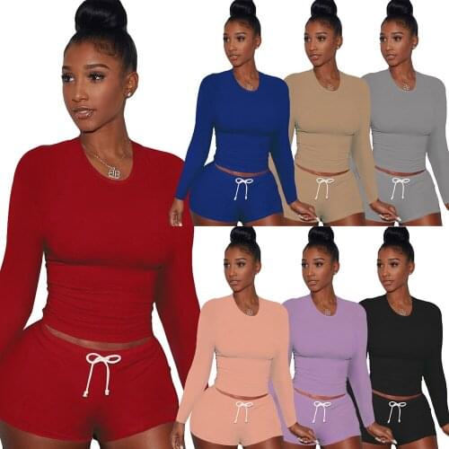 Casual Tracksuit Women 2 Piece Solid Set 7 Color Autumn Long Sleeve Crop Top Shorts Lucky Label Elastic Home Sports Leisure Suit