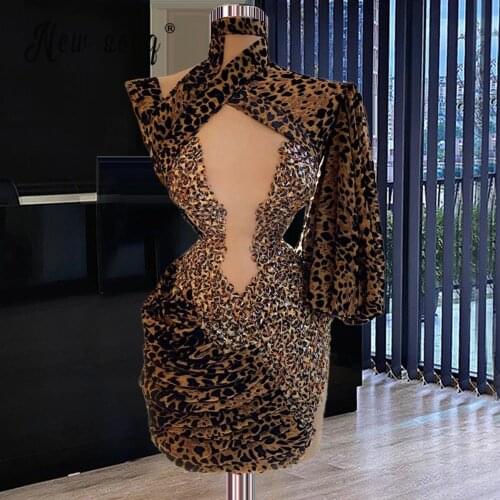 High Neck Sexy Leopard Short Evening Dress Long Sleeve One Shoulder Gold Summer Party Clubwear Vestidos De Festa