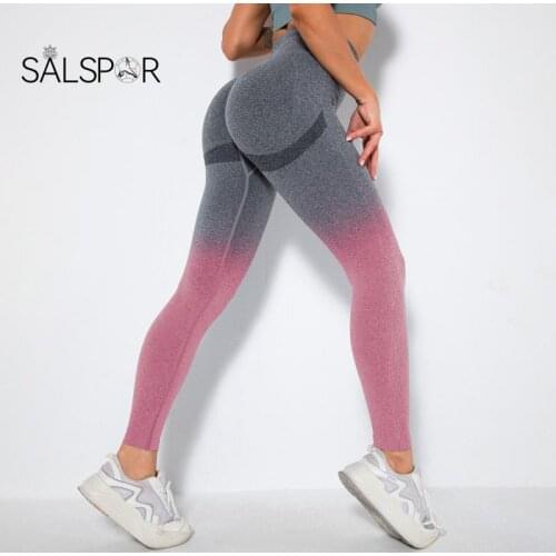 SALSPOR Seamless Knitted Gradient Leggings Sexy Slim Fitness Exercise Leggings High Waist Push-Up Pants Running Yoga Sportswear