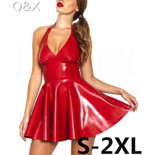 XX48 Sexy PVC Faux Leather Dress Red Shiny 2017 Halter Sleeveless Catsuit Erotic Bondage Pleated Dress Clubwear Costume S-XXL