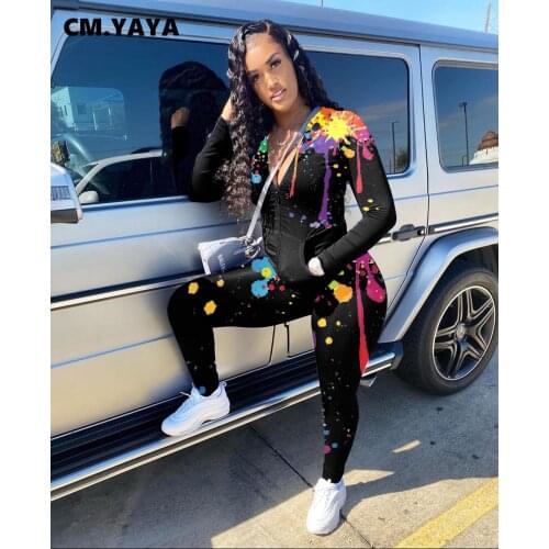 CM.YAYA Sport Sweatsuit Graffiti Print Womens Set Zipper Hoodies Legging Pants Set Active Tracksuit Two Piece Fitness Outfits