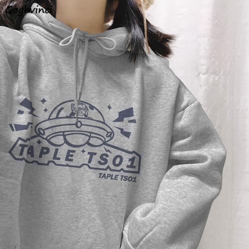 Hoodies Women Hooded Printed Thick Winter Chic Kpop Harajuku Students Hoodie Front Pocket Vintage Loose Autumn Leisure Street