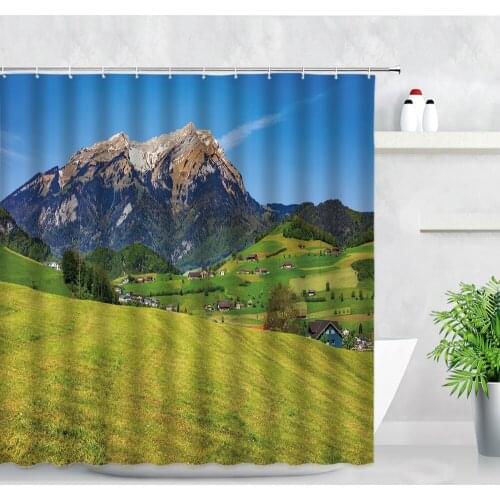 Spring Landscape Bathroom Shower Curtains Grass Green Plants Trees Mountains Switzerland Scenery Hanging Curtain Hooks Screens